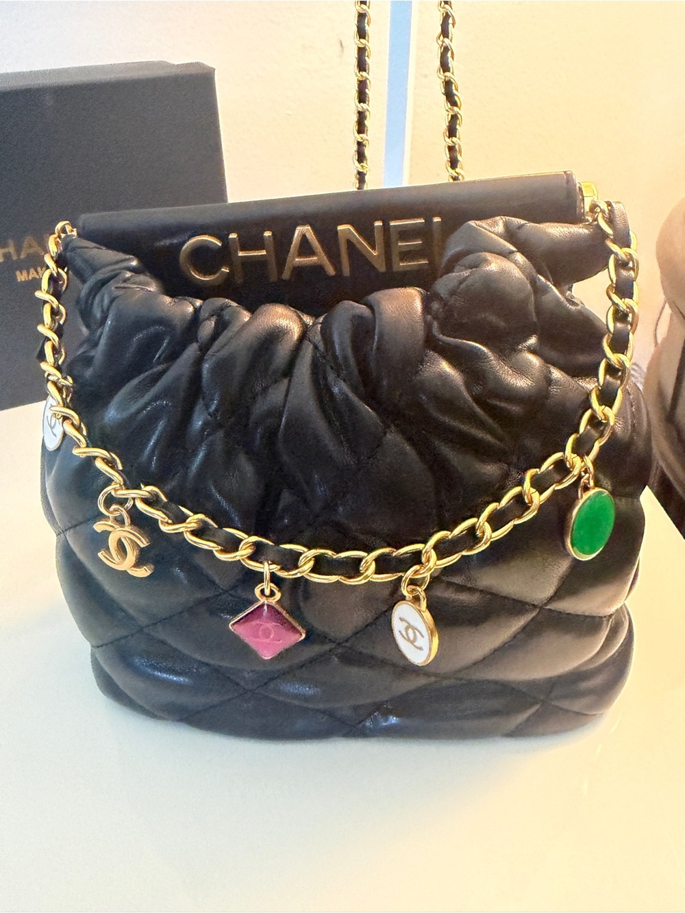Chanel Beauty Black Quilted Cosmetic Bag Chain With Charms original Box New